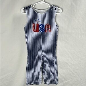Lil Cactus Blue and White Striped USA Patriotic Applique Jumpsuit -Size 18-24m
